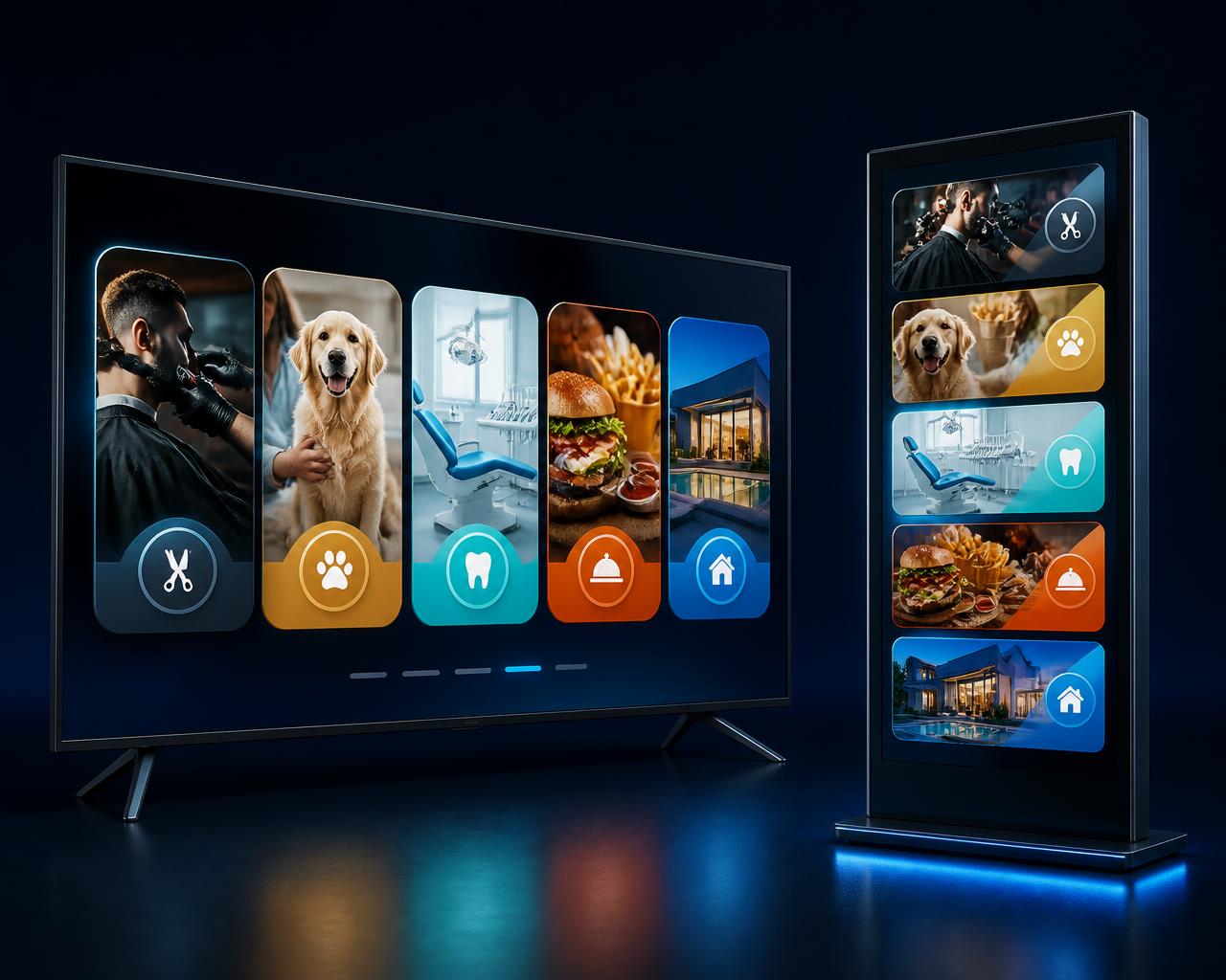 TV e totem digital exibindo em carrossel as soluções da Automatiza Solução